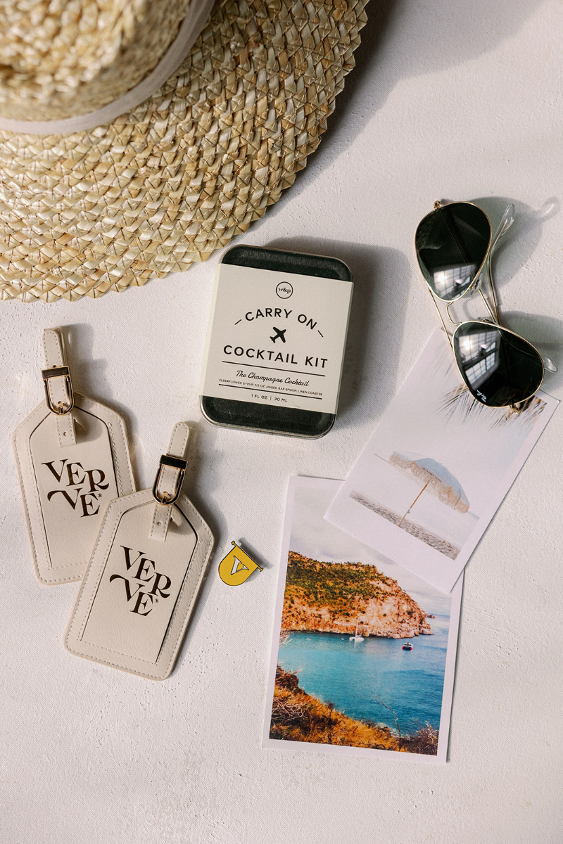 Flat lay of Verve Event Co.'s travel wedding kit, something owner Desirée Adams loves to put together to help manage risks of destination weddings.