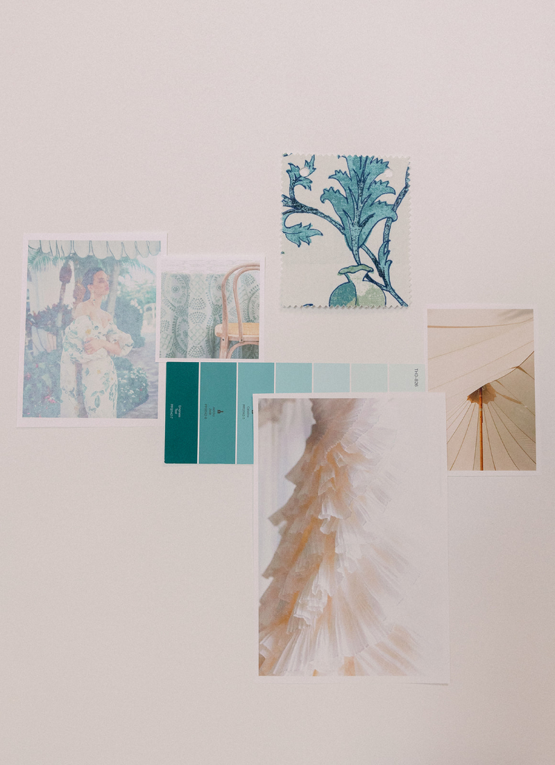 Mood board images on white wall of a wedding planner that's rebranding your business.