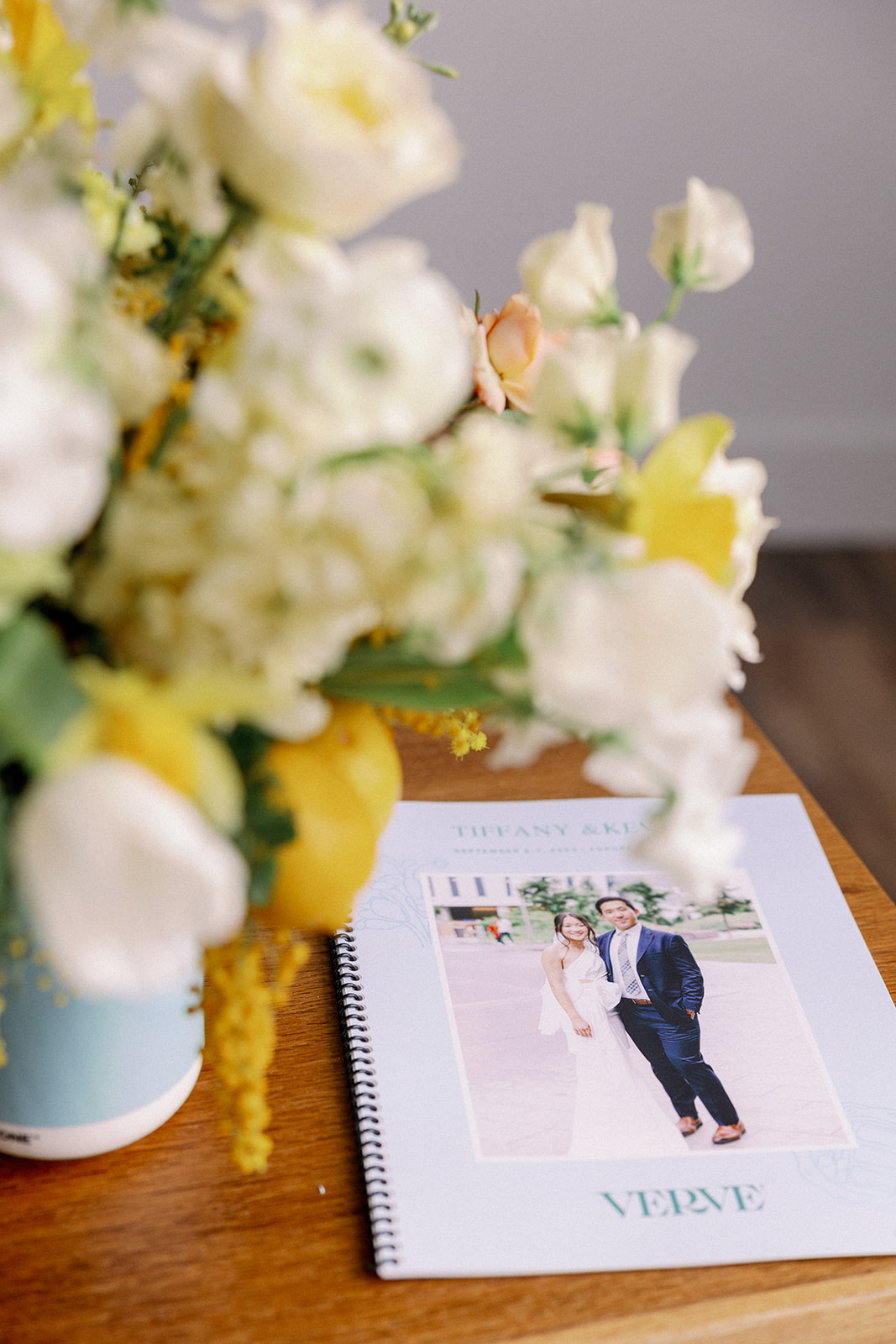 Floral arrangement framing Verve Event Co.'s design dossier, the featured image used for Desirée Adams hot takes episode on the myth of doing everything yourself in your wedding business and how that creates branding mistakes.